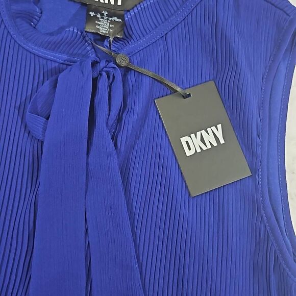 DKNY Blue Stretch Pleated Sleeveless Tie Neck Short Evening Shift Dress Womens S - Picture 10 of 13